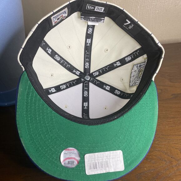 Los Angeles Dodgers New Era 59FIFTY Off White Pinstripe Script Hat Cap 7 3/8 - Picture 9 of 10